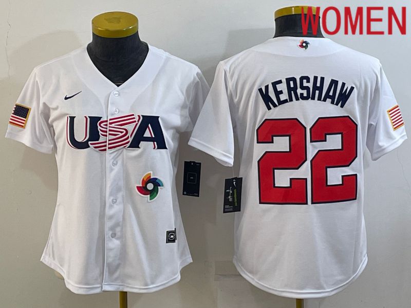 Women 2023 World Cub USA #22 Kershaw White Nike MLB Jersey1->women mlb jersey->Women Jersey